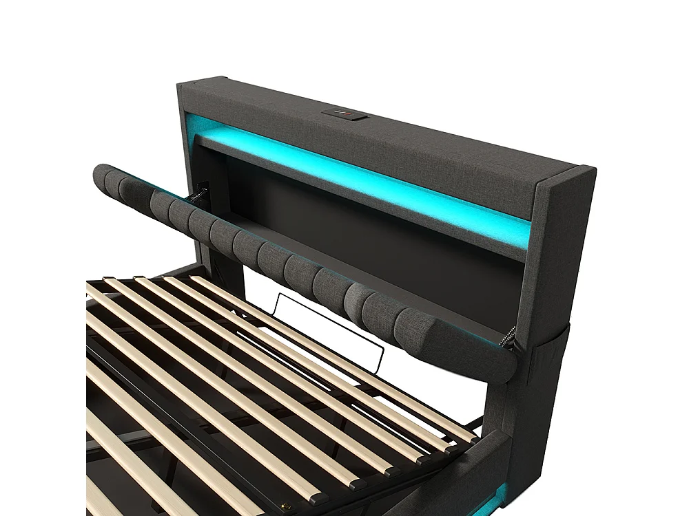 Lit coffre double 160x200 cm, Tête de lit avec rangement, USB-Type-C et éclairage LED, Lit hydraulique, Tissu lin, Gris, Sans matelas