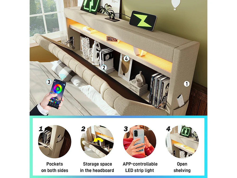 Lit coffre double 160x200 cm, Tête de lit avec rangement, USB-Type-C et éclairage LED, Lit hydraulique, Tissu lin, Beige, Sans matelas