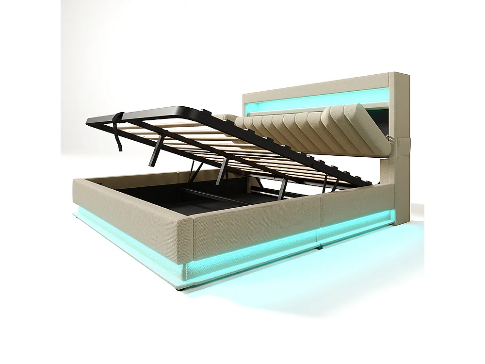 Lit coffre double 160x200 cm, Tête de lit avec rangement, USB-Type-C et éclairage LED, Lit hydraulique, Tissu lin, Beige, Sans matelas
