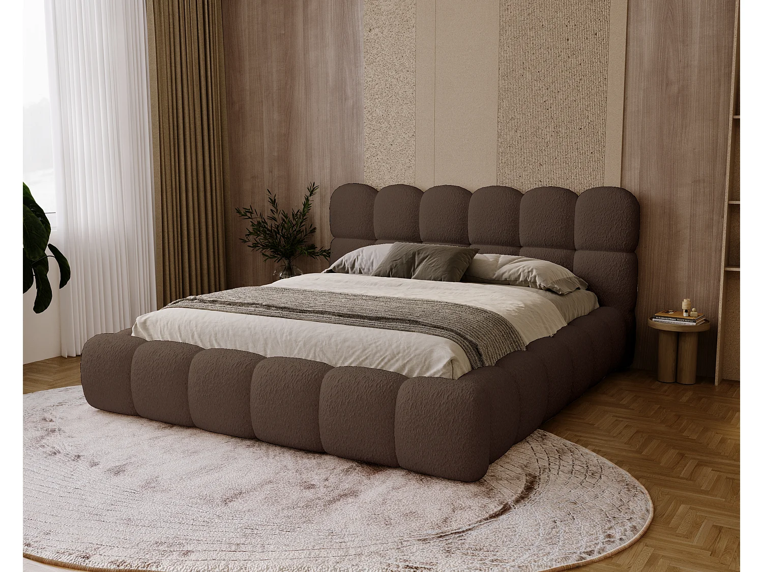 BESILIO Bouclé gestoffeerd bed 180x200 Chicago - dikke vulling, opbergruimte en lattenbodem - Bruin