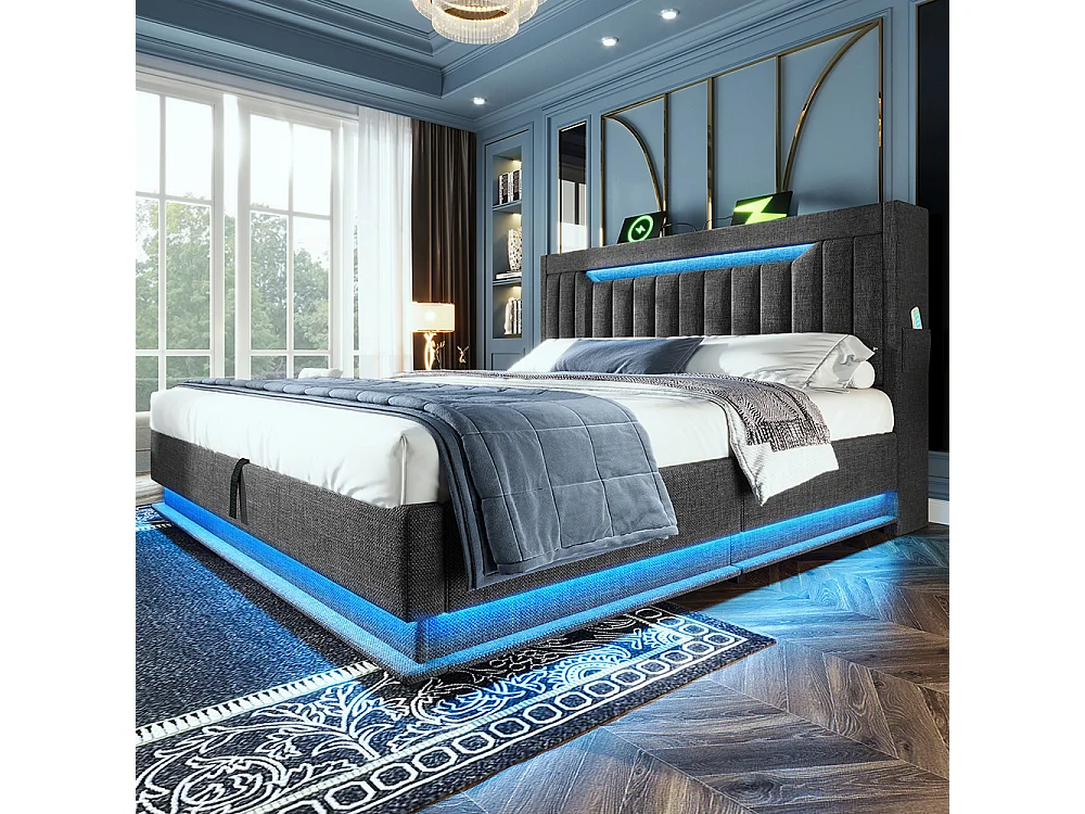 Lit coffre double 140x200 cm, Tête de lit avec rangement, USB-Type-C et éclairage LED, Lit hydraulique, Tissu lin, Gris, Sans matelas