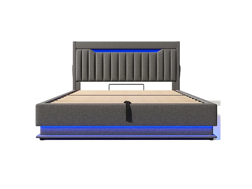 Lit coffre double 140x200 cm, Tête de lit avec rangement, USB-Type-C et éclairage LED, Lit hydraulique, Tissu lin, Gris, Sans matelas