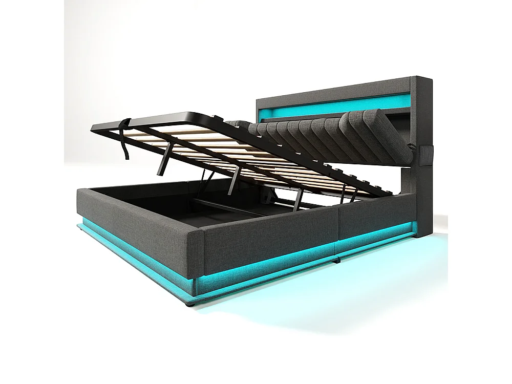 Lit coffre double 140x200 cm, Tête de lit avec rangement, USB-Type-C et éclairage LED, Lit hydraulique, Tissu lin, Gris, Sans matelas