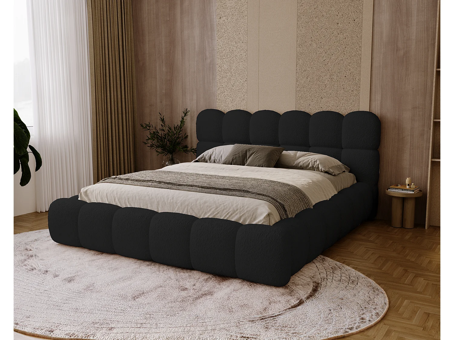 BESILIO Lit rembourré bouclé 160x200 Chicago - mousse épaisse, coffre de rangement et sommier - Noir