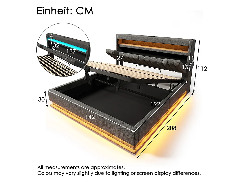 Lit coffre double 140x190 cm, Tête de lit avec rangement, USB-Type-C et éclairage LED, Lit hydraulique, Tissu lin, Gris, Sans matelas