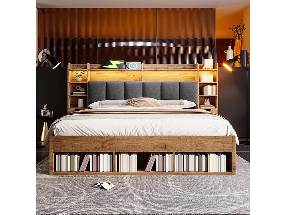 Lit double 160 x 200 cm en bois avec éclairage LED, tables de chevet, ports USB et Type-C, espace de rangement et tiroirs, sommier à lattes, chêne