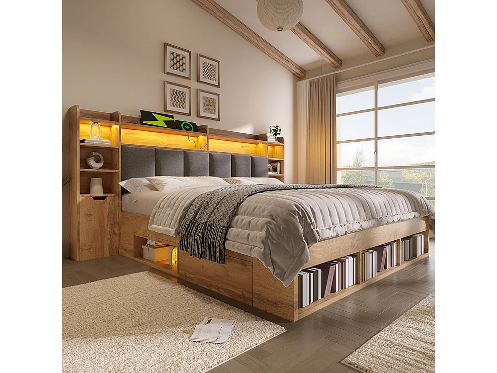 Lit double 160 x 200 cm en bois avec éclairage LED, tables de chevet, ports USB et Type-C, espace de rangement et tiroirs, sommier à lattes, chêne