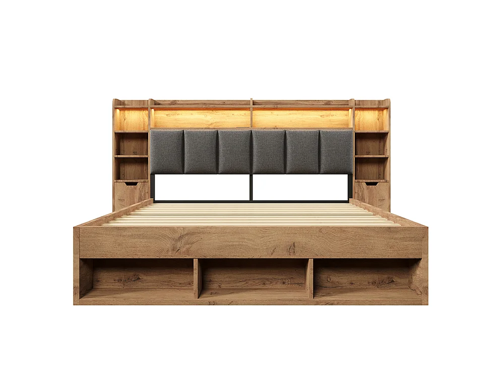 Lit double 160 x 200 cm en bois avec éclairage LED, tables de chevet, ports USB et Type-C, espace de rangement et tiroirs, sommier à lattes, chêne