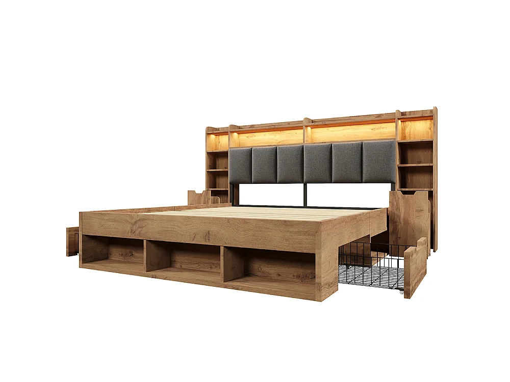 Lit double 160 x 200 cm en bois avec éclairage LED, tables de chevet, ports USB et Type-C, espace de rangement et tiroirs, sommier à lattes, chêne