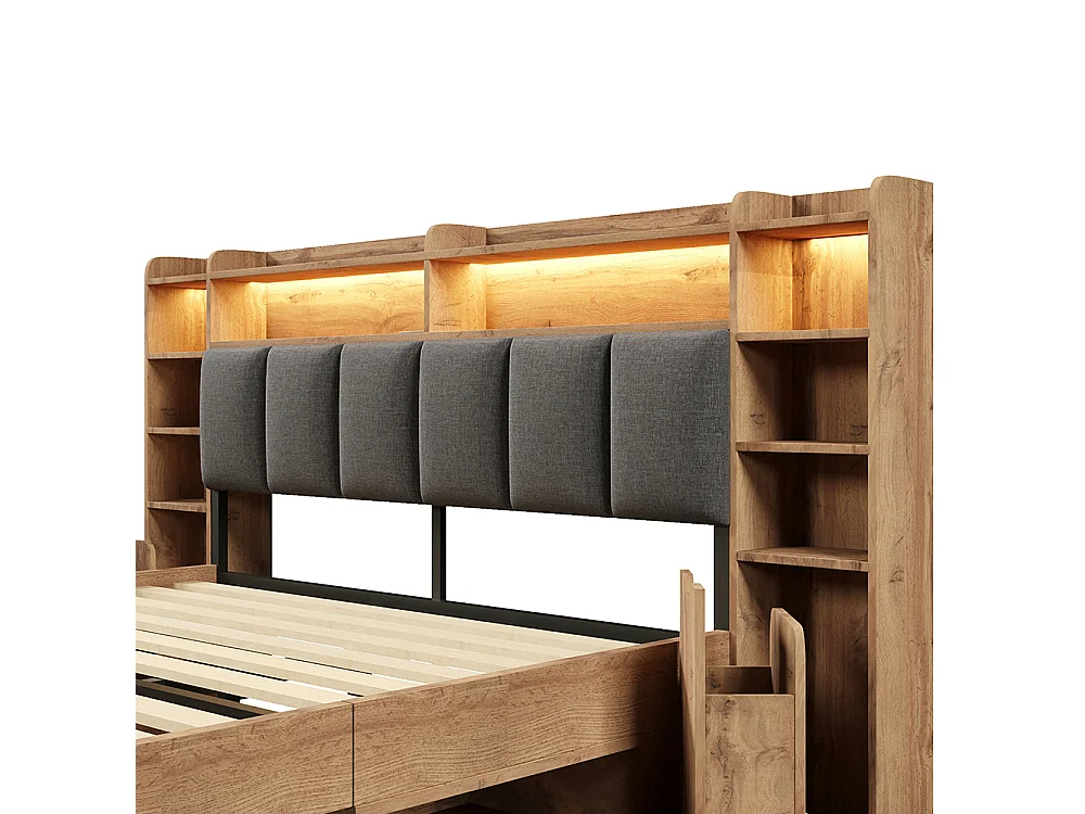 Lit double 160 x 200 cm en bois avec éclairage LED, tables de chevet, ports USB et Type-C, espace de rangement et tiroirs, sommier à lattes, chêne