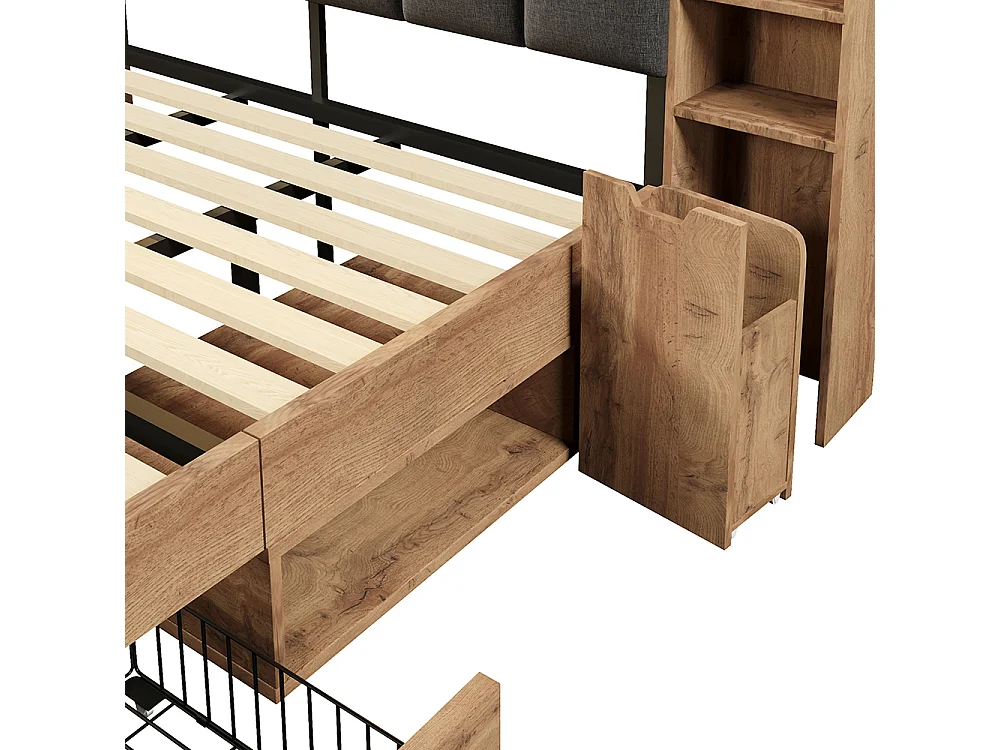 Lit double 160 x 200 cm en bois avec éclairage LED, tables de chevet, ports USB et Type-C, espace de rangement et tiroirs, sommier à lattes, chêne