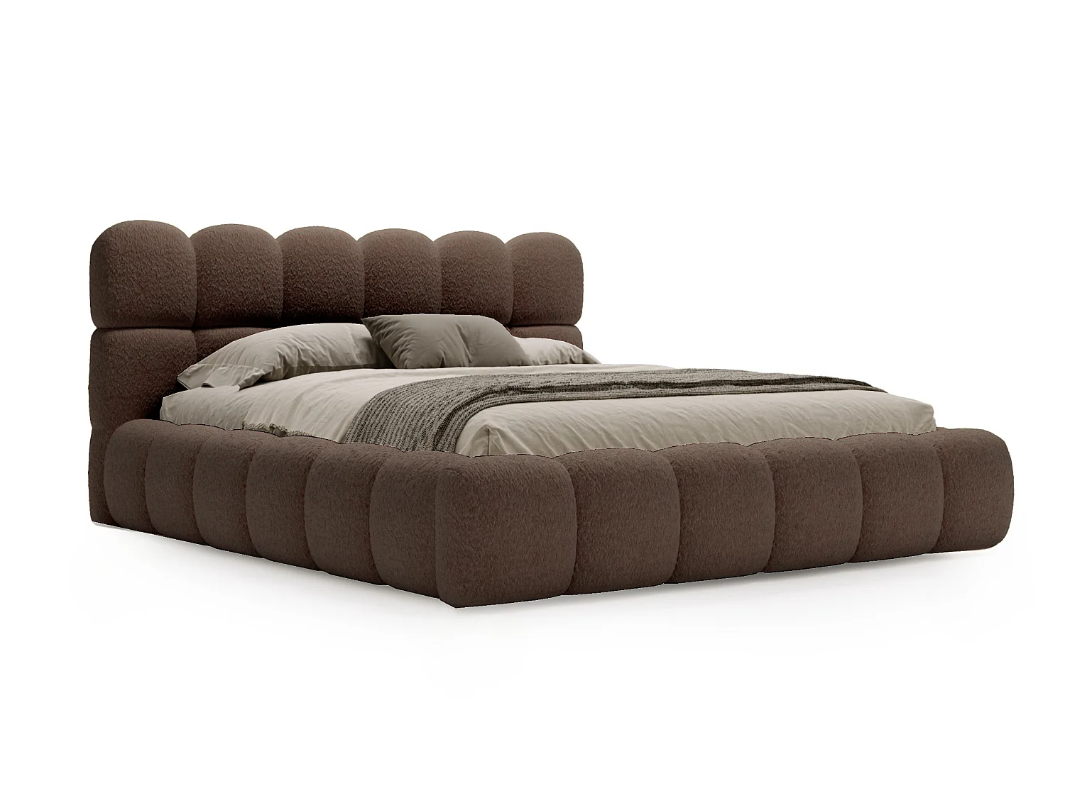 BESILIO Bouclé gestoffeerd bed 120x200 Chicago - dikke vulling, opbergruimte en lattenbodem - Bruin
