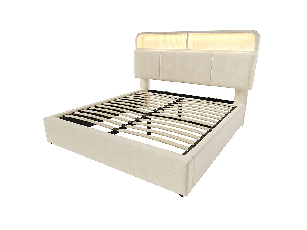 Lit coffre capitonné 140x190cm avec LED, ports USB et Type-C, tissu en velours, tête de lit avec espace de rangement et réglable, Beige