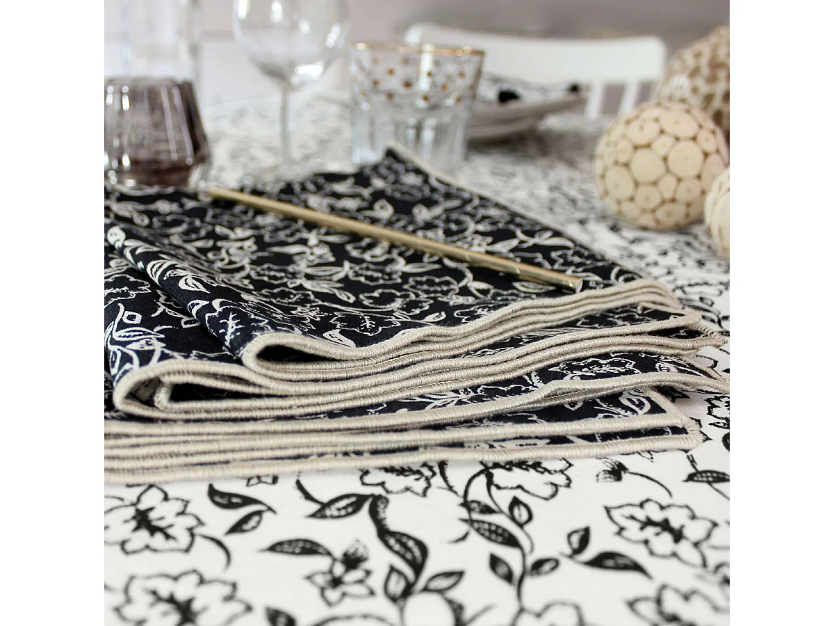 Lot de 4 Serviettes de Table "Linette" 40x40 Noir & Écru