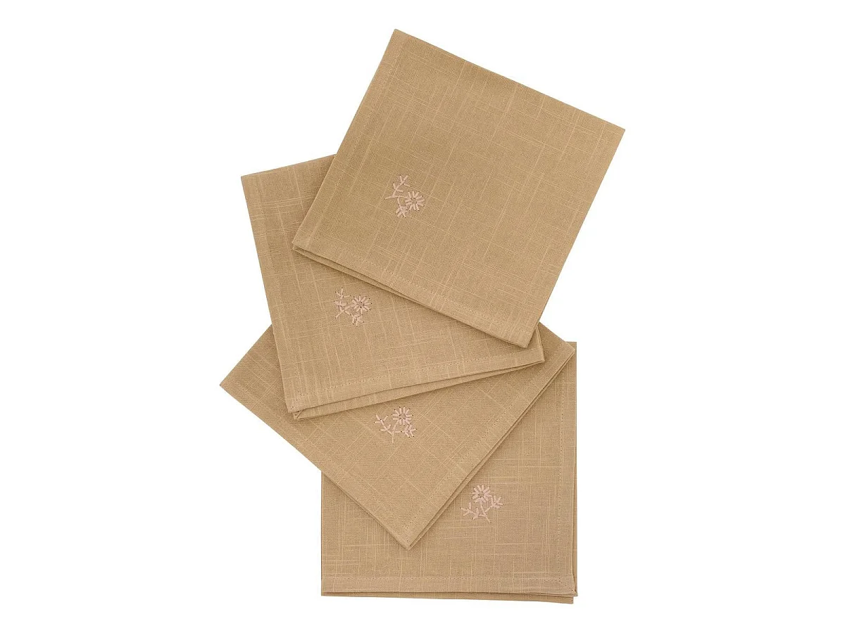 Lot de 4 Serviettes de Table Brodé "Joy" 40x40cm Beige Lin