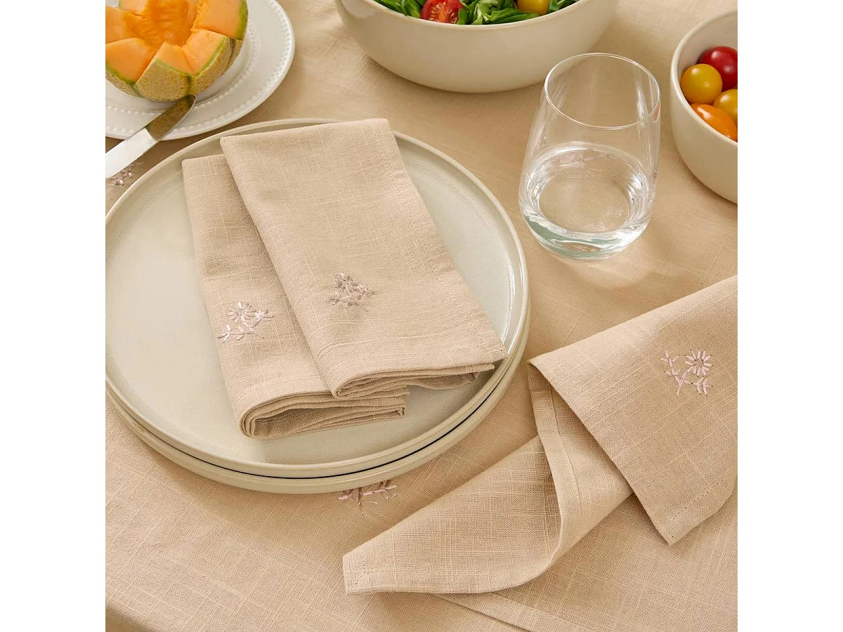 Lot de 4 Serviettes de Table Brodé "Joy" 40x40cm Beige Lin