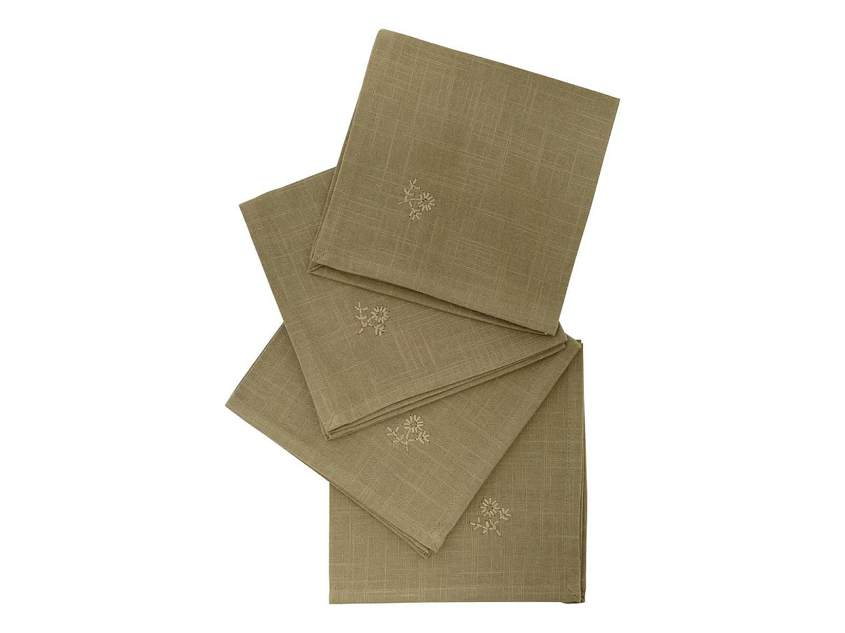 Lot de 4 Serviettes de Table Brodé "Joy" 40x40cm Kaki