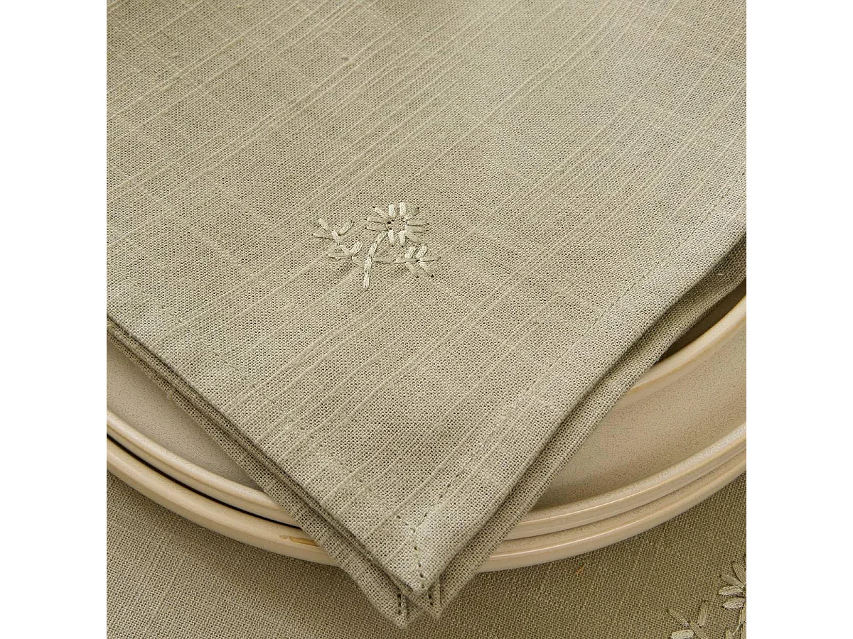Lot de 4 Serviettes de Table Brodé "Joy" 40x40cm Kaki
