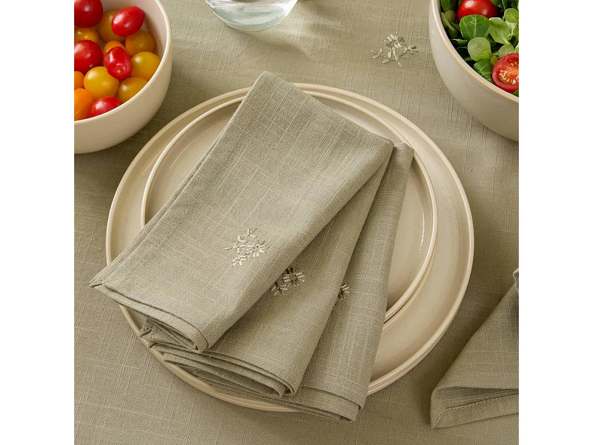 Lot de 4 Serviettes de Table Brodé "Joy" 40x40cm Kaki