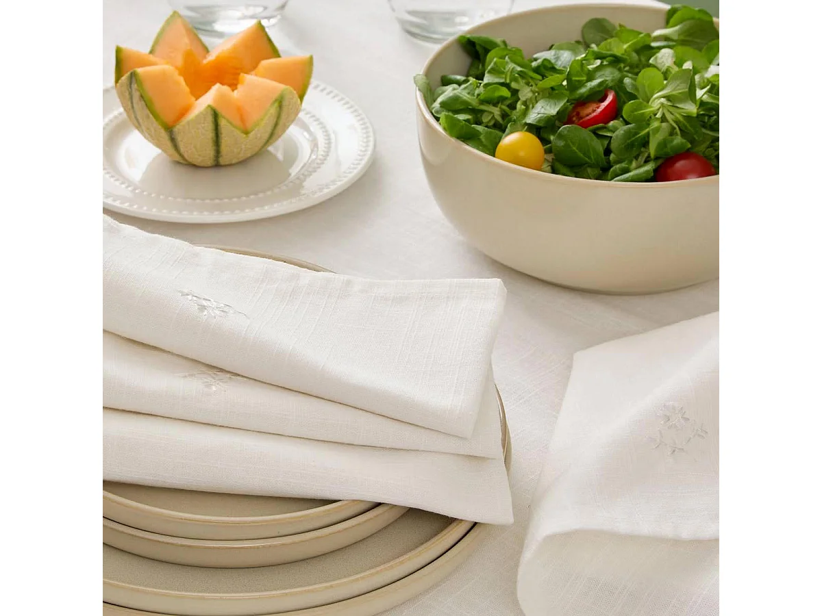 Lot de 4 Serviettes de Table Brodé "Joy" 40x40cm Blanc
