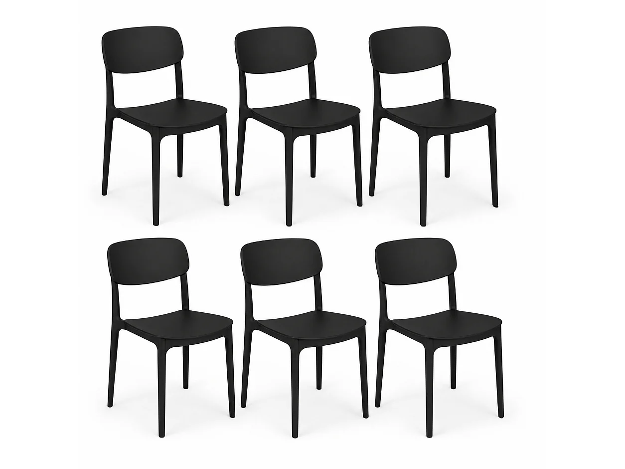 Lot de 6 chaises noires de jardin en plastique empilables avec pieds antidérapants-Longueur 39.5 x Profondeur 50 x Hauteur 79 cm