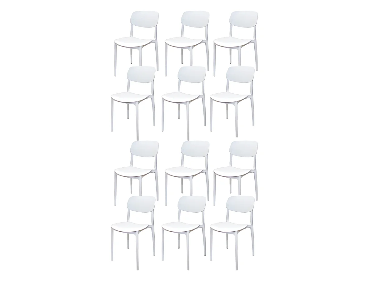 Lot de 12 chaises blanches de jardin en plastique empilables avec pieds antidérapants-Longueur 39.5 x Profondeur 50 x Hauteur 79cm