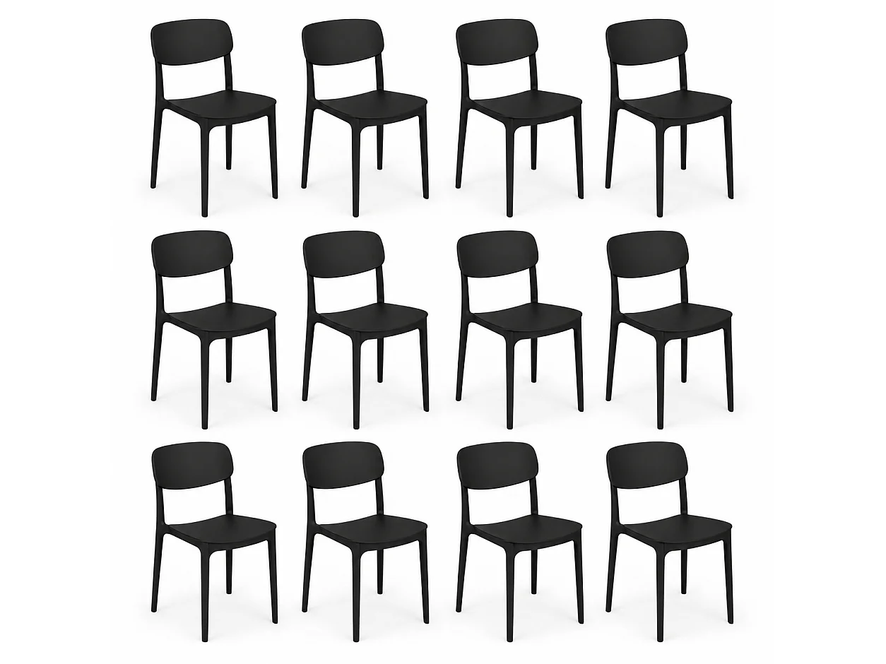 Lot de 12 chaises noires de jardin en plastique empilables avec pieds antidérapants-Longueur 39.5 x Profondeur 50 x Hauteur 79 cm