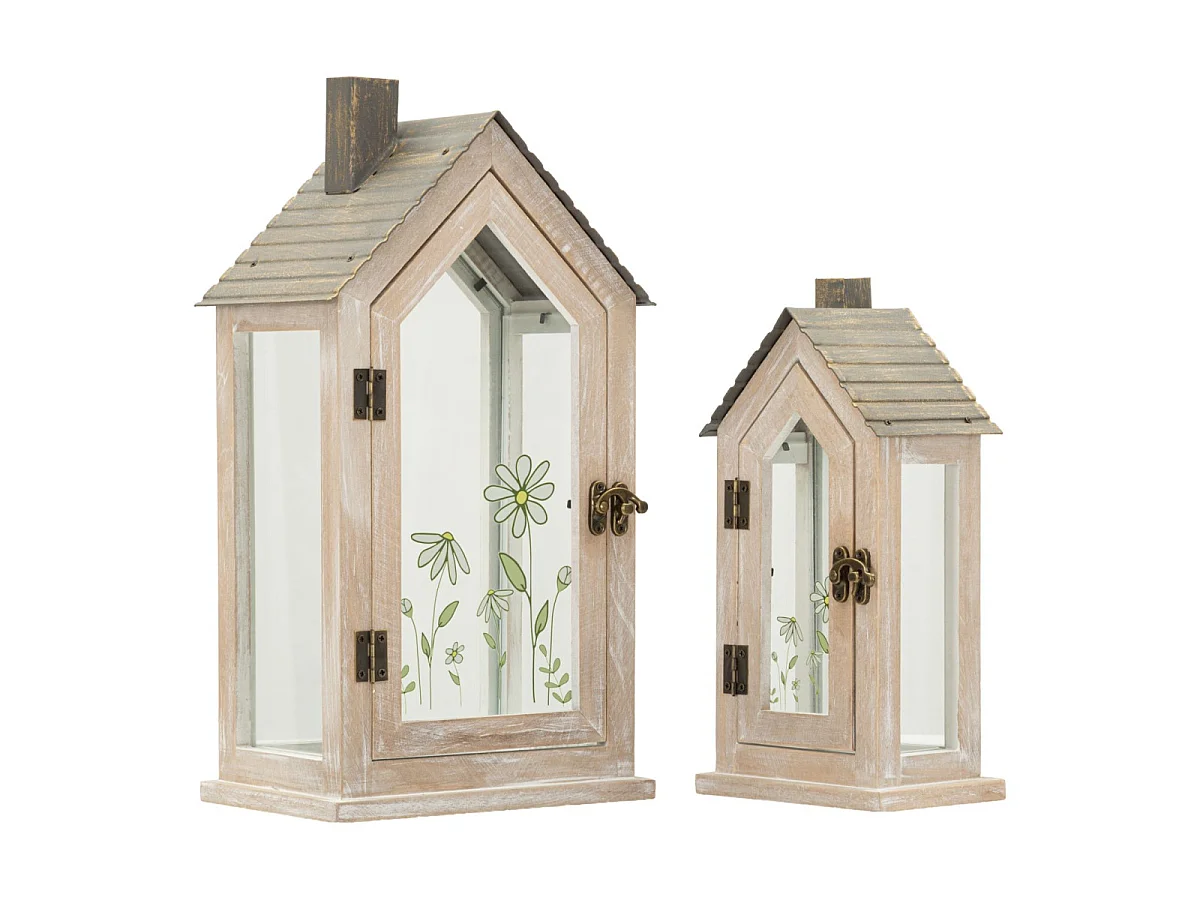 Lot de 2 Lanternes en Bois "Home Flower" 36cm Naturel
