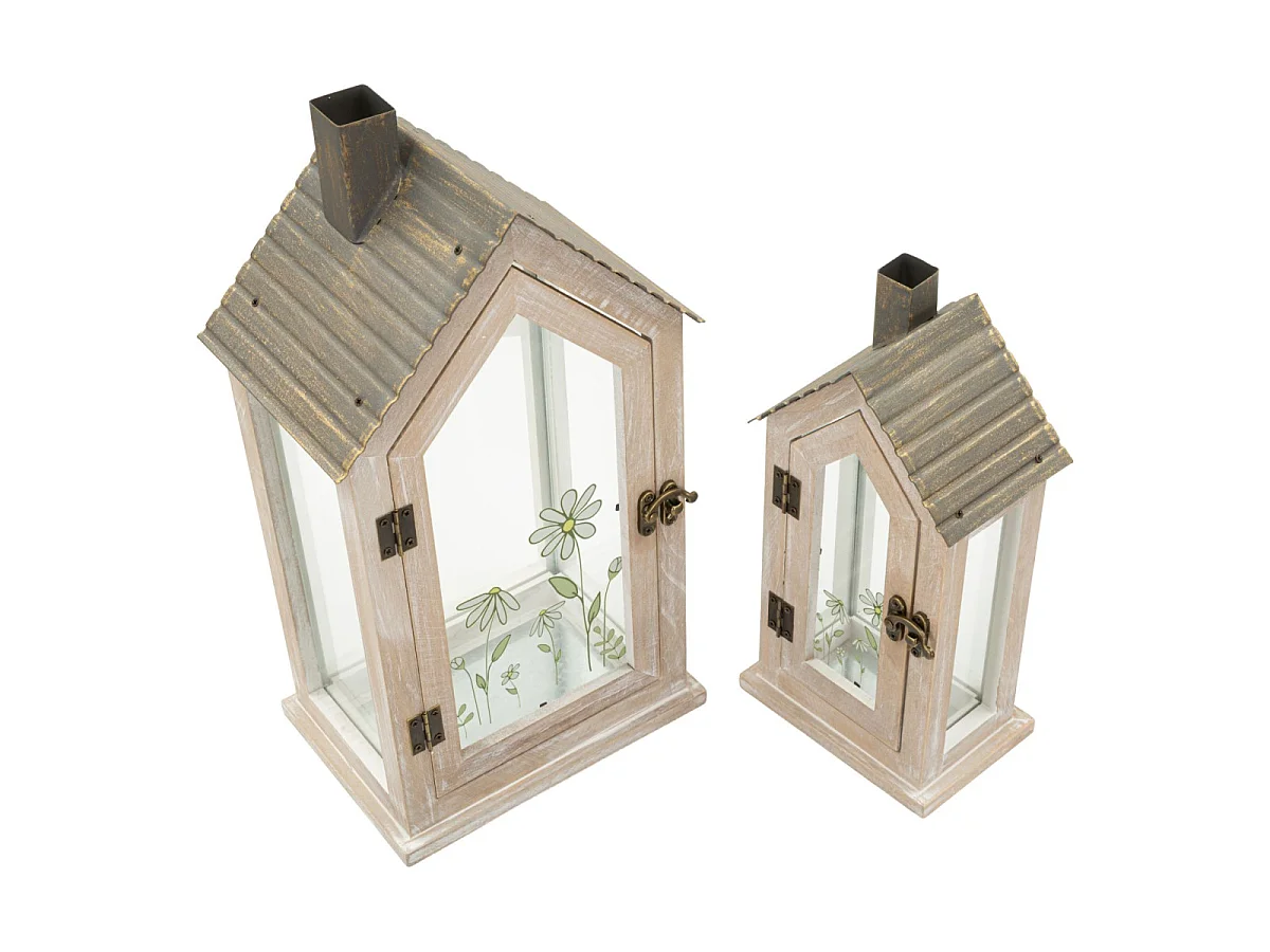 Lot de 2 Lanternes en Bois "Home Flower" 36cm Naturel