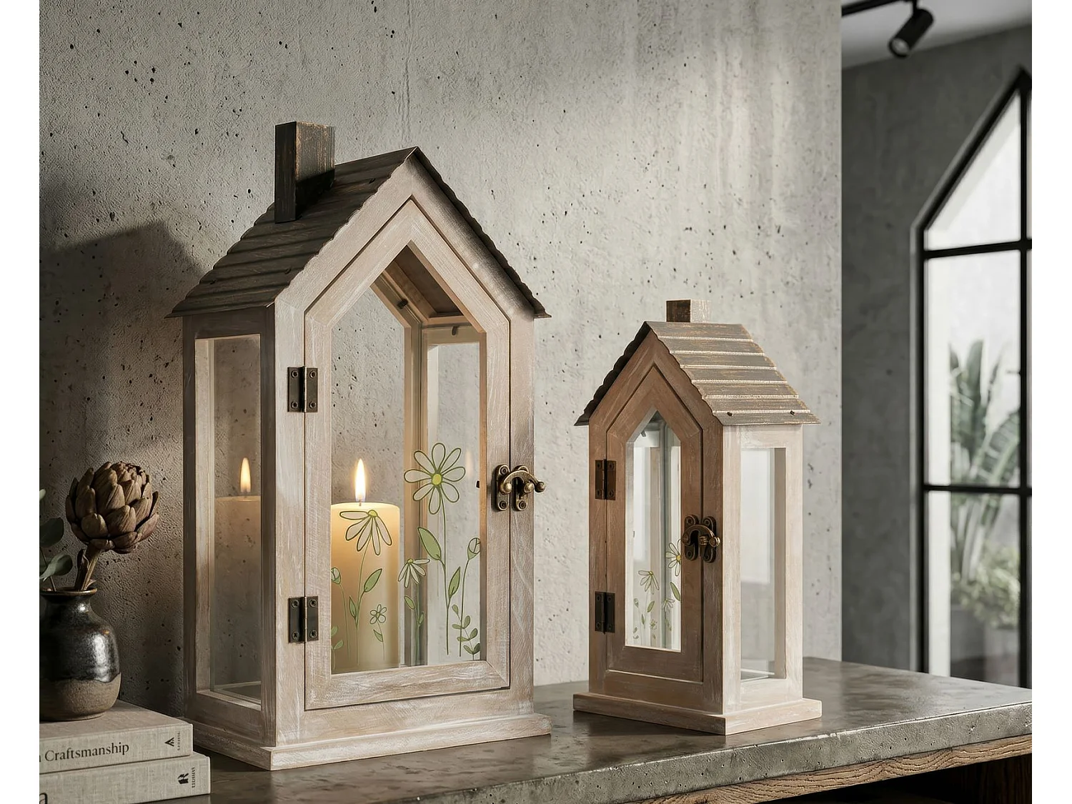Lot de 2 Lanternes en Bois "Home Flower" 36cm Naturel