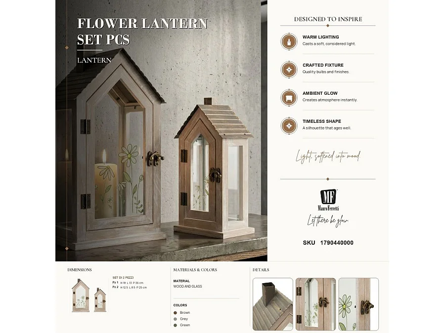 Lot de 2 Lanternes en Bois "Home Flower" 36cm Naturel