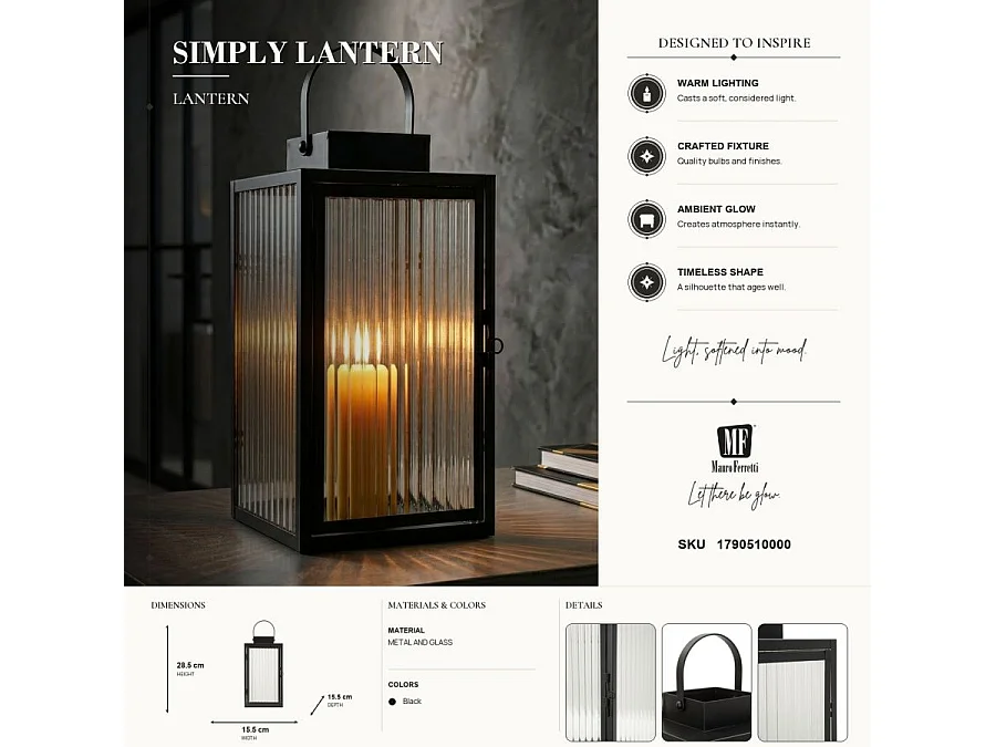 Lanterne Design Strié "Simply" 28cm Noir