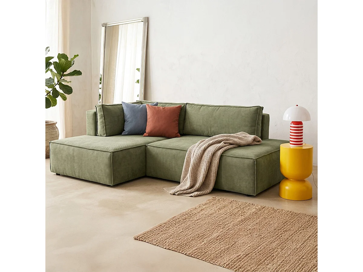 Canapé d'angle à gauche convertible 3 places avec coffre en tissu chenille vert olive - Barani