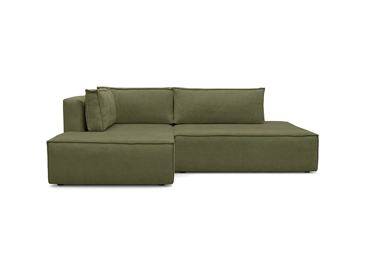Canapé d'angle à gauche convertible 3 places avec coffre en tissu chenille vert olive - Barani