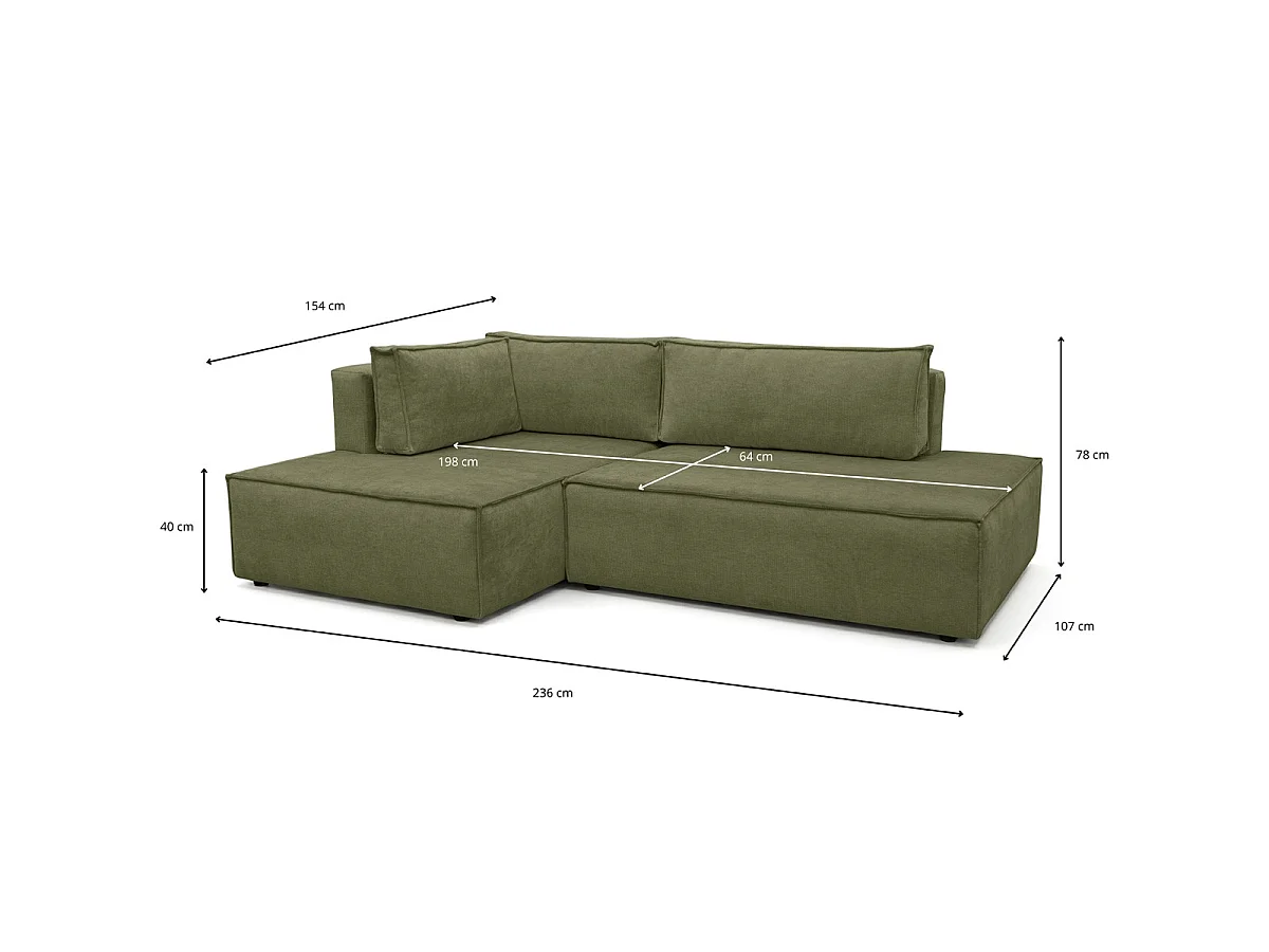Canapé d'angle à gauche convertible 3 places avec coffre en tissu chenille vert olive - Barani