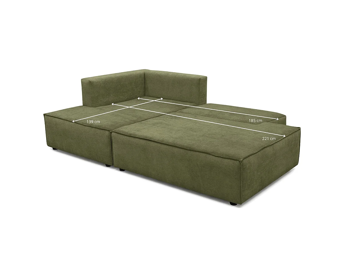 Canapé d'angle à gauche convertible 3 places avec coffre en tissu chenille vert olive - Barani