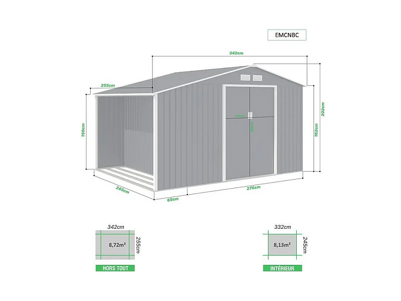 Abri de jardin en métal 8,72 m² - Kit d'ancrage inclus - Gris anthracite