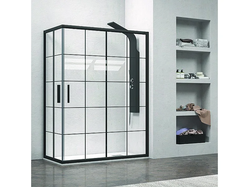 Box doccia 100x90 profili neri opachi vetro a quadrati neri NICO-B1000 kamalu