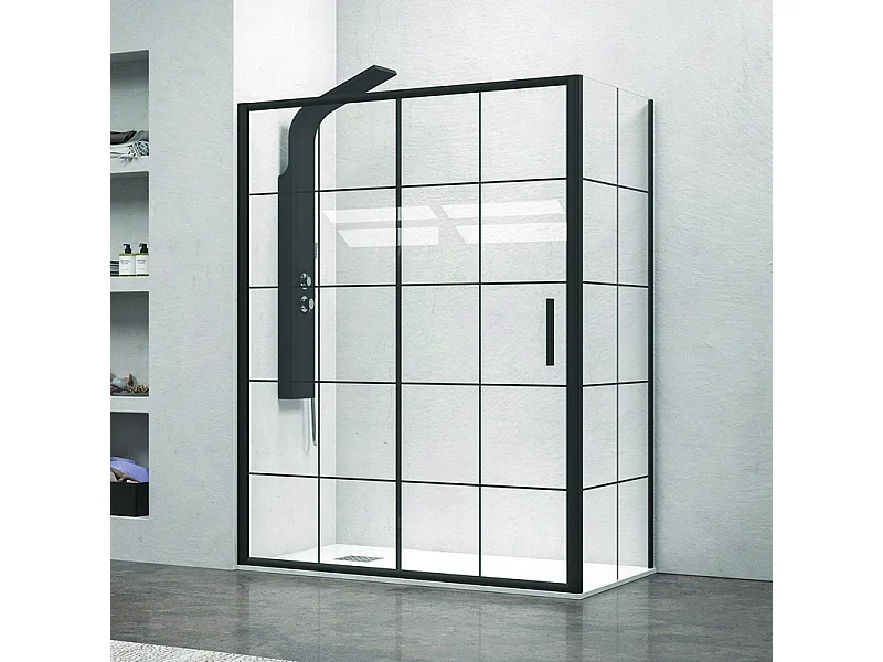 Box doccia nero 110x70 scorrevole e laterale fisso vetro a quadrati neri NICO-D3000S kamalu