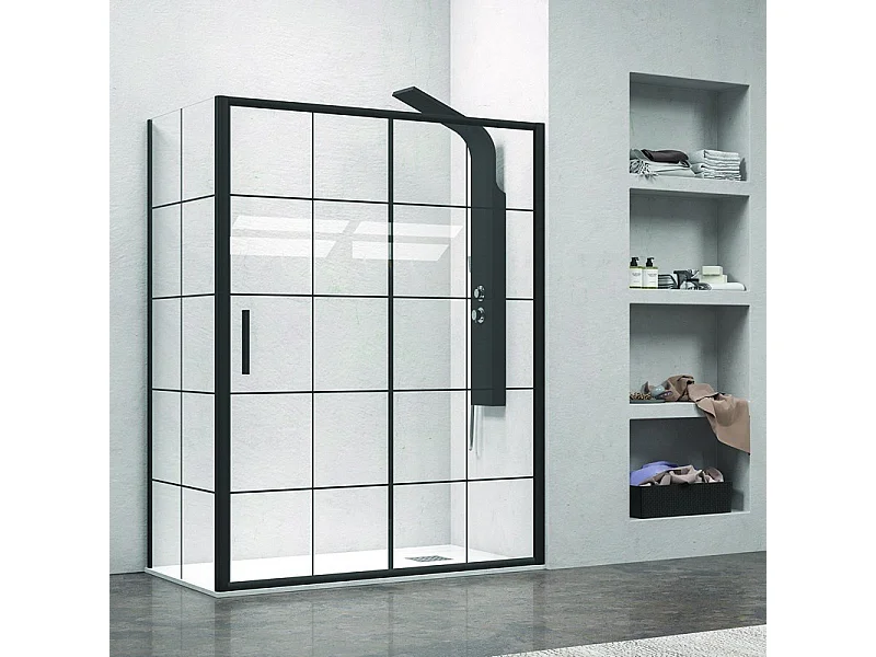 Box doccia nero 100x70 scorrevole e laterale fisso vetro a quadrati neri NICO-D3000S kamalu