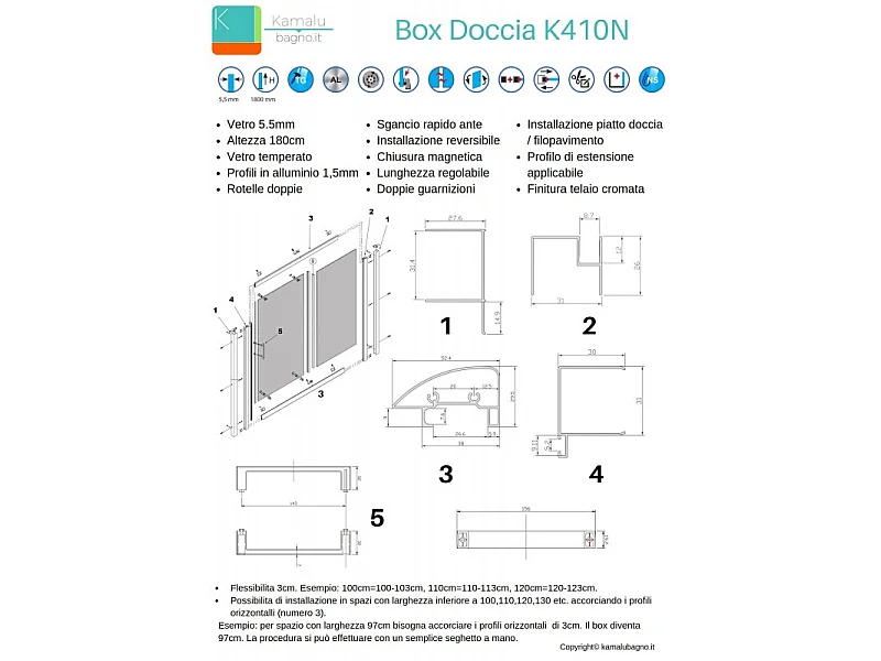 Porta doccia nicchia 130cm altezza 180cm modello K410N kamalu