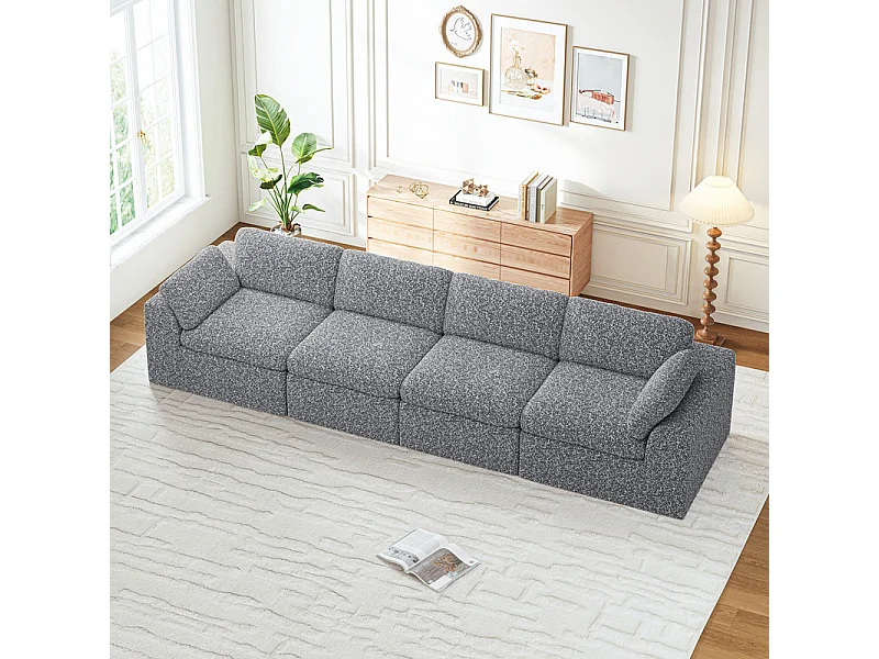 Canapé 4 places modulable en tissu chenille gris 368x102x88cm