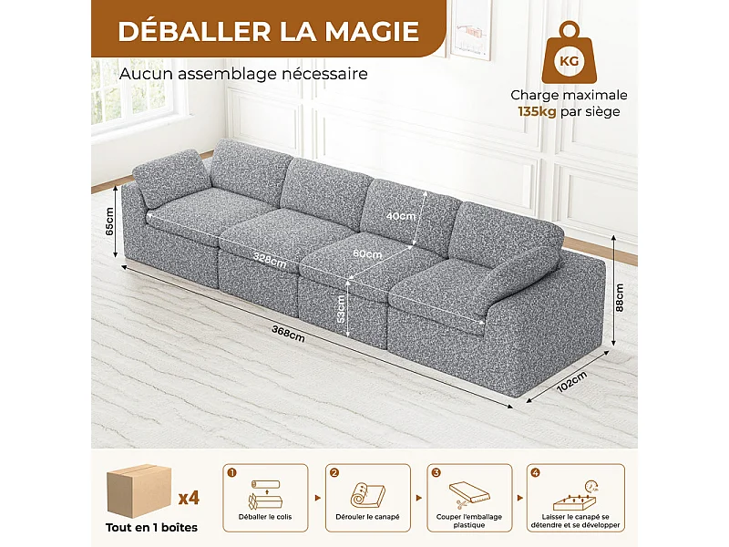 Canapé 4 places modulable en tissu chenille gris 368x102x88cm