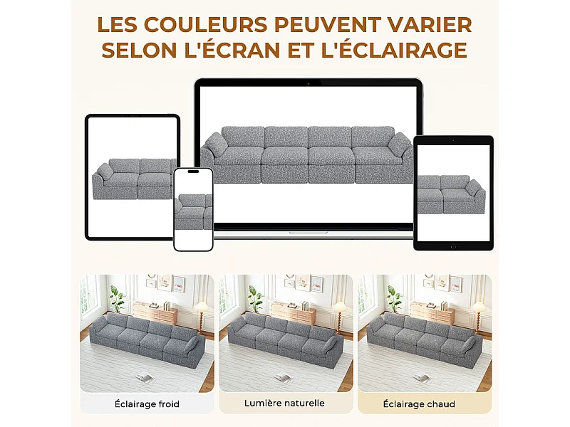 Canapé 4 places modulable en tissu chenille gris 368x102x88cm