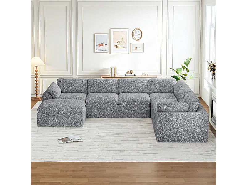 Grand canapé d'angle panoramique modulable en tissu chenille, 5-7 places, avec pouf, 368x286x88cm, Gris