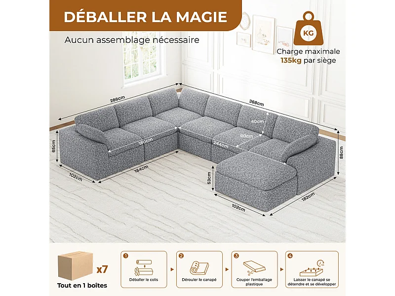 Grand canapé d'angle panoramique modulable en tissu chenille, 5-7 places, avec pouf, 368x286x88cm, Gris