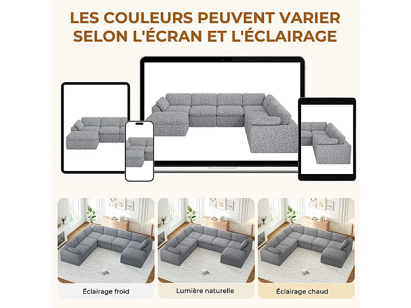 Grand canapé d'angle panoramique modulable en tissu chenille, 5-7 places, avec pouf, 368x286x88cm, Gris