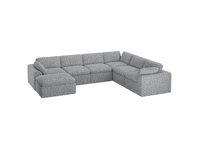 Grand canapé d'angle panoramique modulable en tissu chenille, 5-7 places, avec pouf, 368x286x88cm, Gris