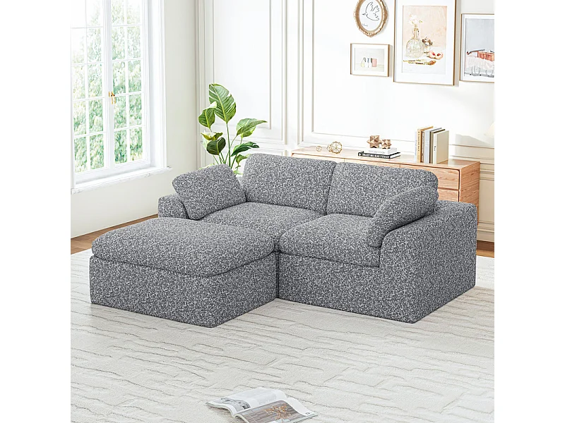 Canapé modulable d'angle, 2 places avec pouf, en tissu chenille, 204x182x88cm, Gris