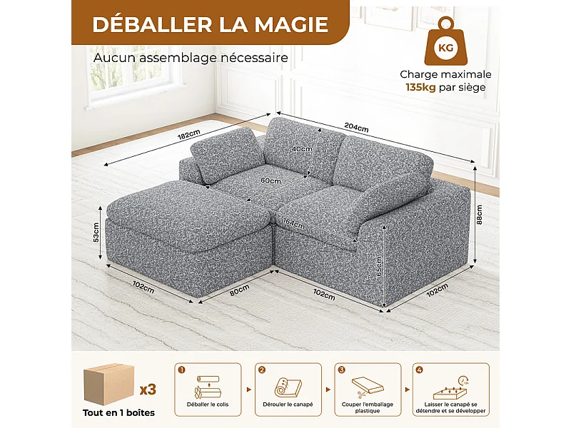 Canapé modulable d'angle, 2 places avec pouf, en tissu chenille, 204x182x88cm, Gris